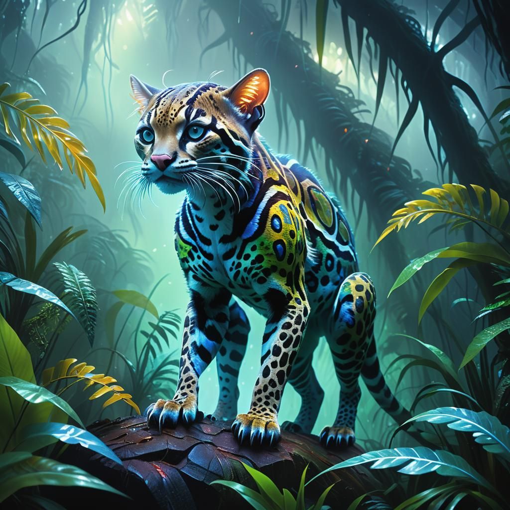 Ocelot-Like Alien Creature in Iridescent Jungle