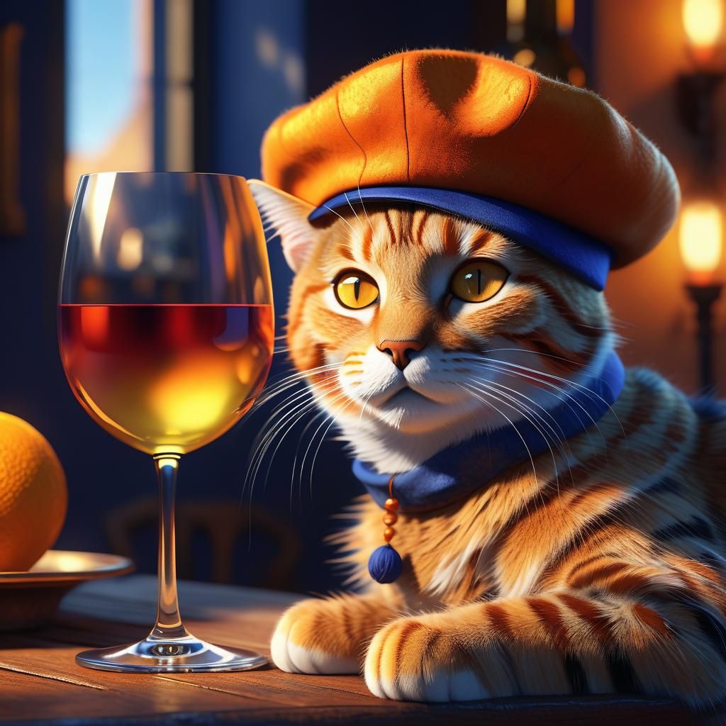 Cat in Beret with Wine: Fantasy Art Still Life