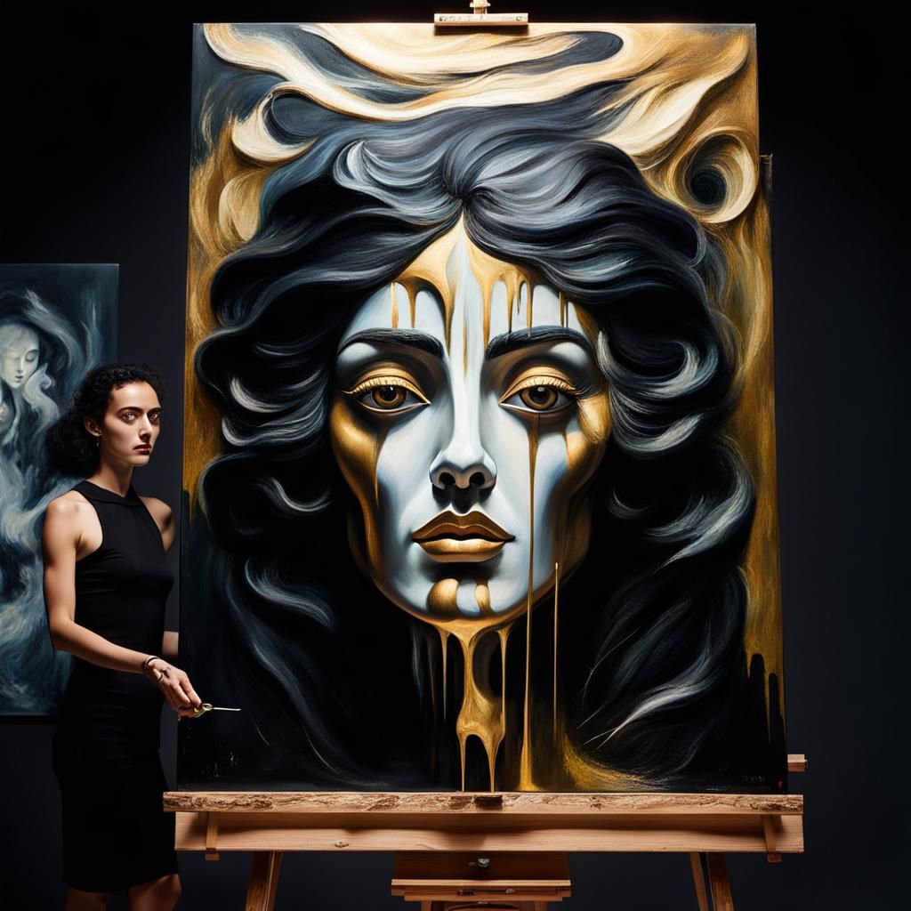 Surrealist Woman with Easel in Magical Realism Style