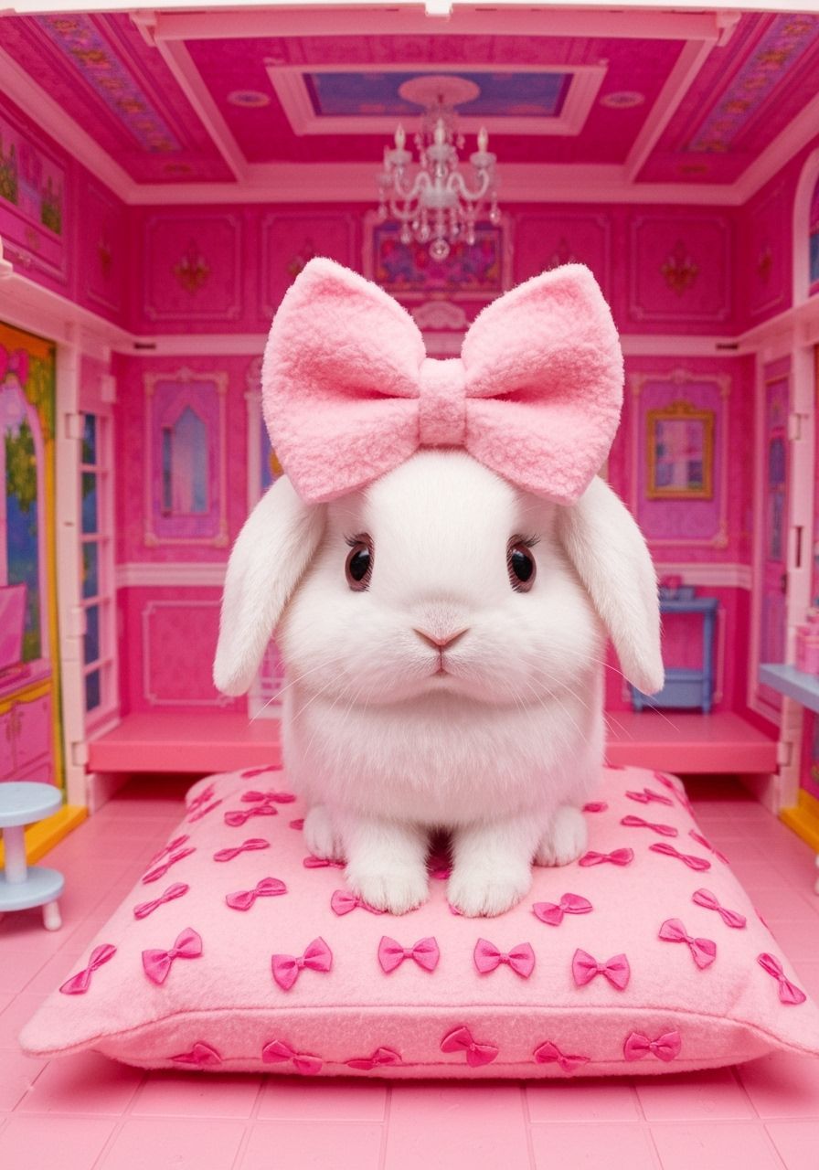 Bunny in Barbie Dreamhouse with Pink Bow