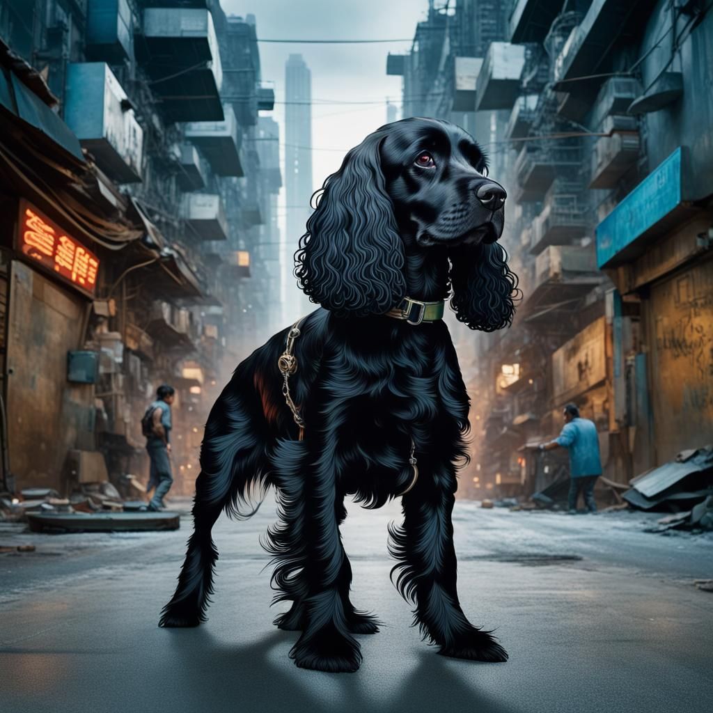 Cyberpunk Cocker Spaniel: Hyperrealistic Cityscape