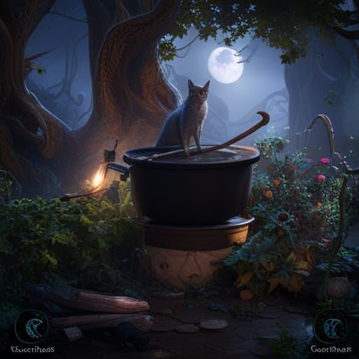 Witch's Cauldron with Black Cat, Fantasy Art