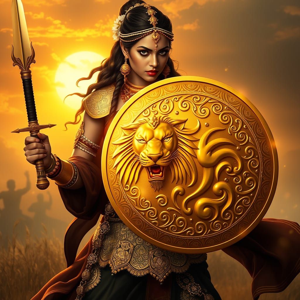 Indian Warrior Queen in Golden Armor, Raja Ravi Varma Style