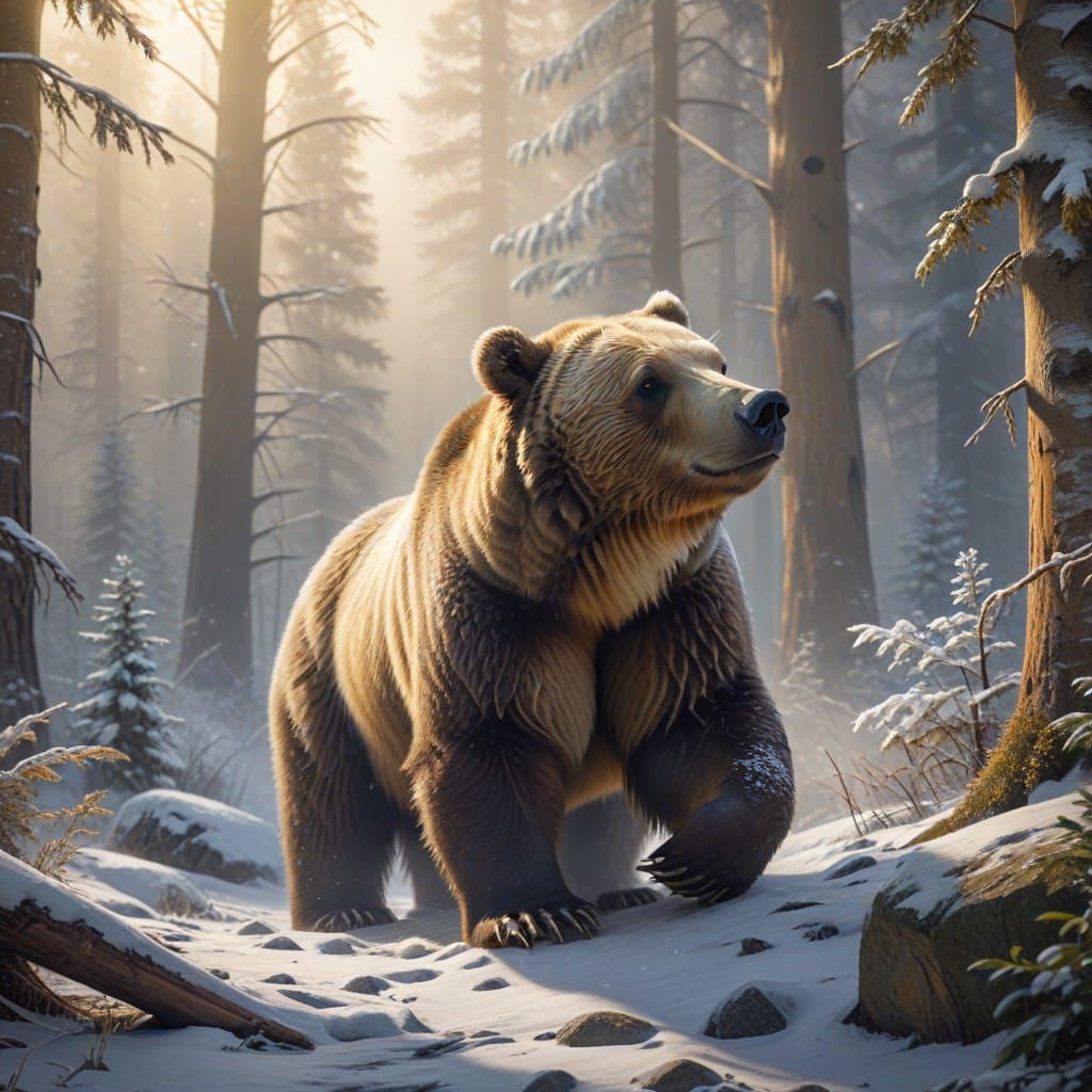 Grizzly Bear Hugging Polar Bear in Forest