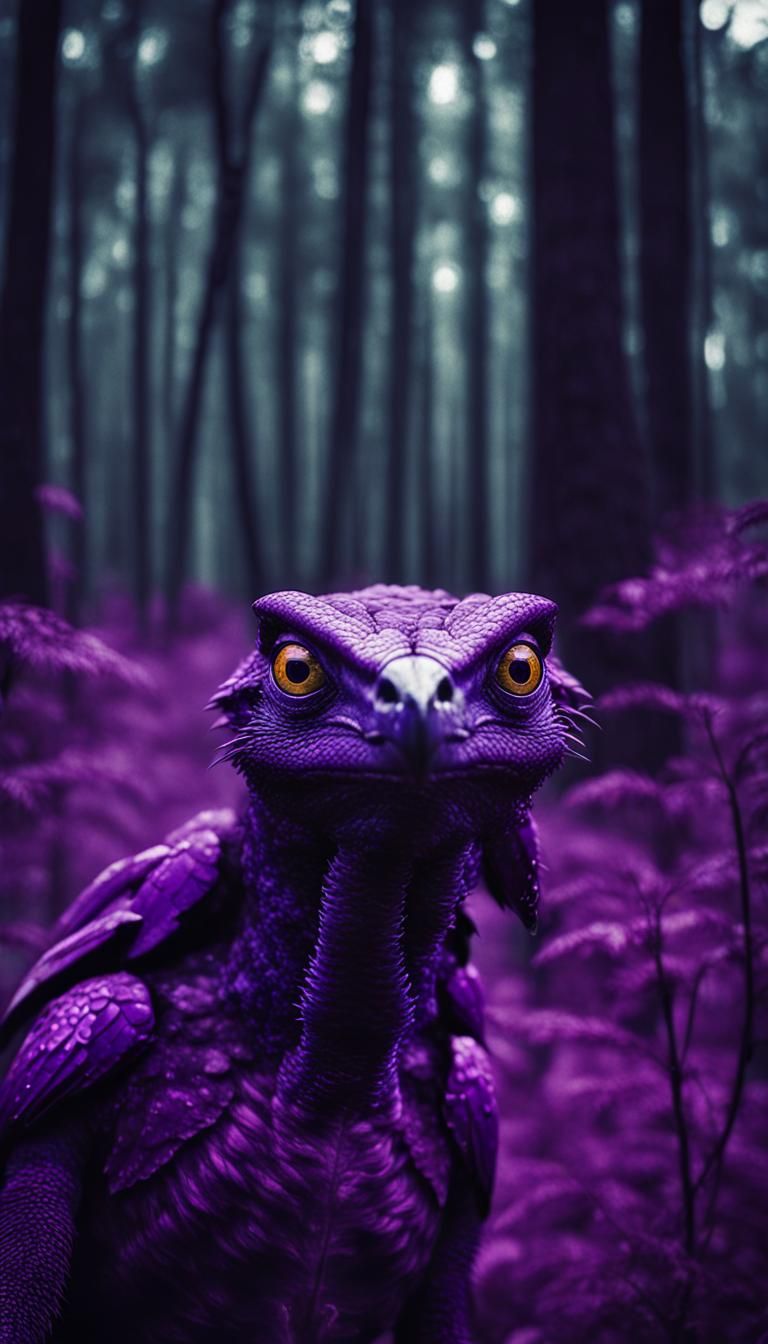 Purple Alien Observes Campfire in Forest