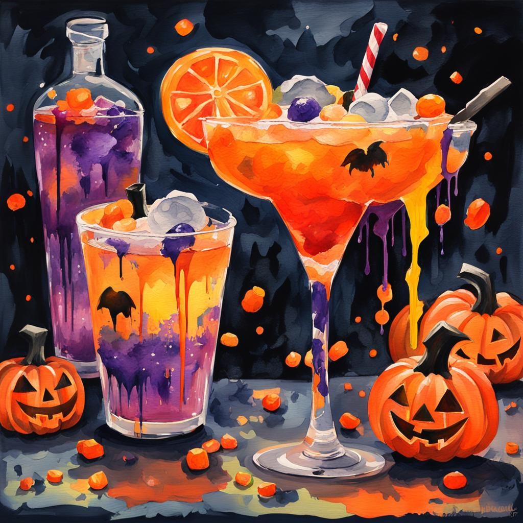 Halloween Cocktails in Gouache Watercolor Style