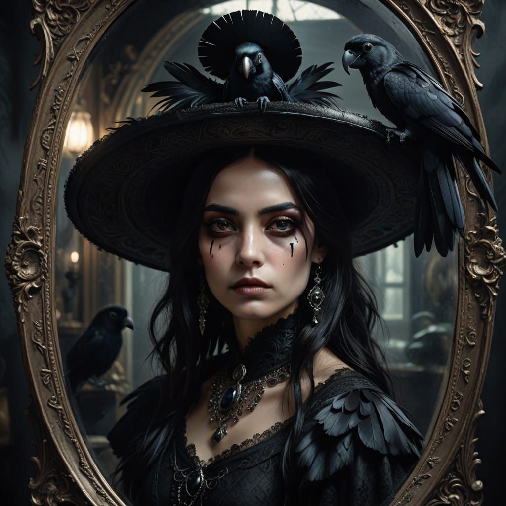 Dark Fantasy Woman's Reflection in Chrome Mirror