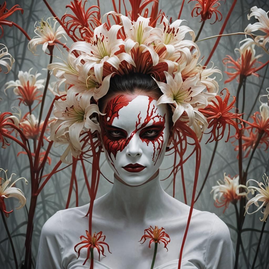 Woman in White Mask with Red Spider Lilies