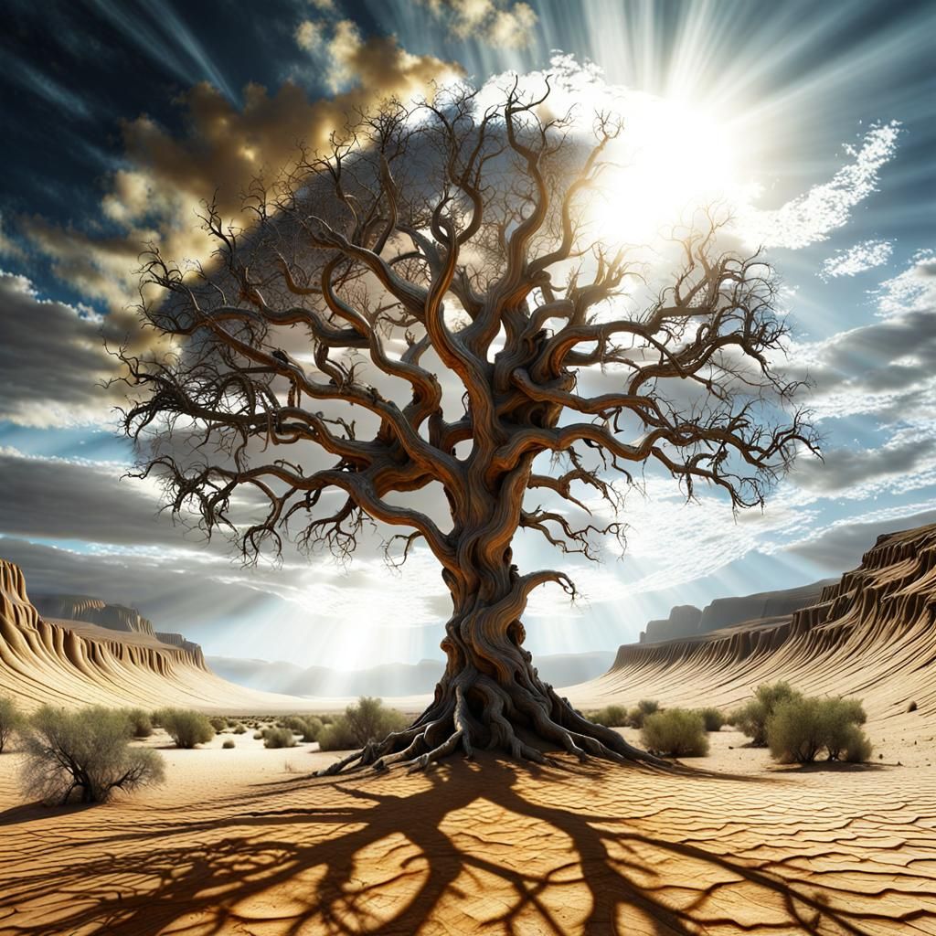 Eerie Desert World Tree in Photorealistic CGI