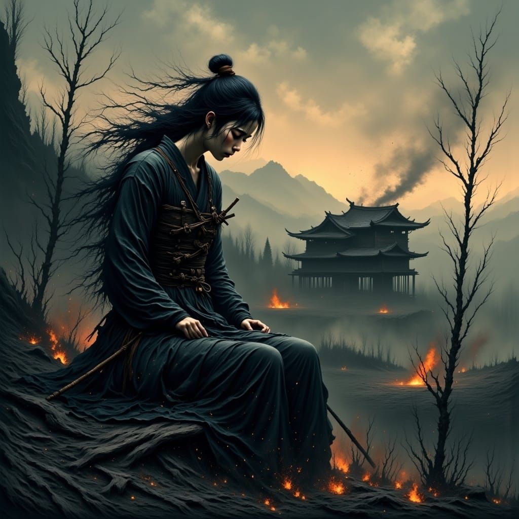 Sad Samurai Cries Before Burned Hut