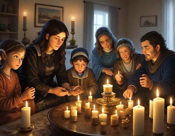 Cozy Shabbat: Jewish Family Lights Candles, Hyperrealistic A...