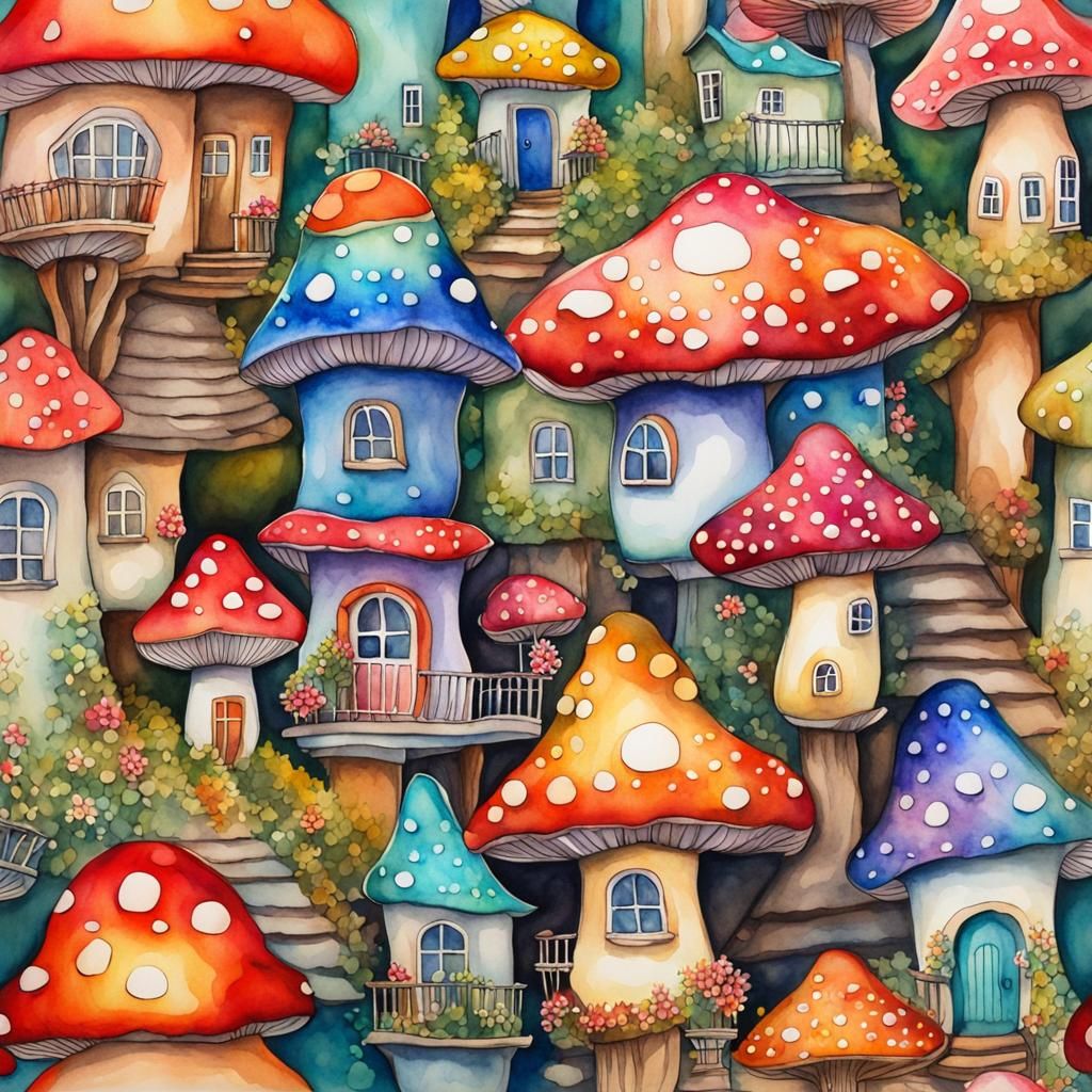 A cute whimsical mushroom village with balconies and porches...