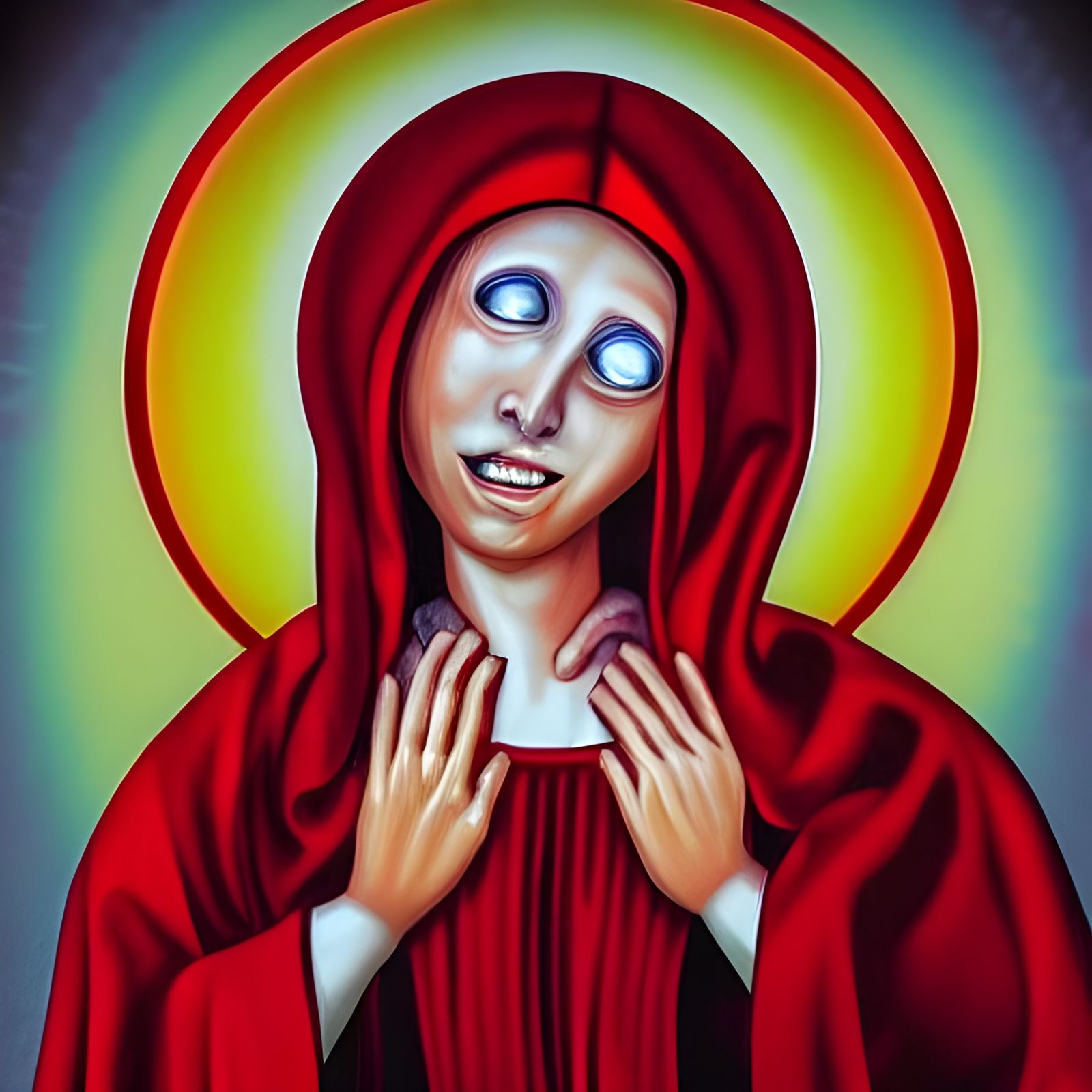 Distorted Virgin Mary Crying Blood Tears