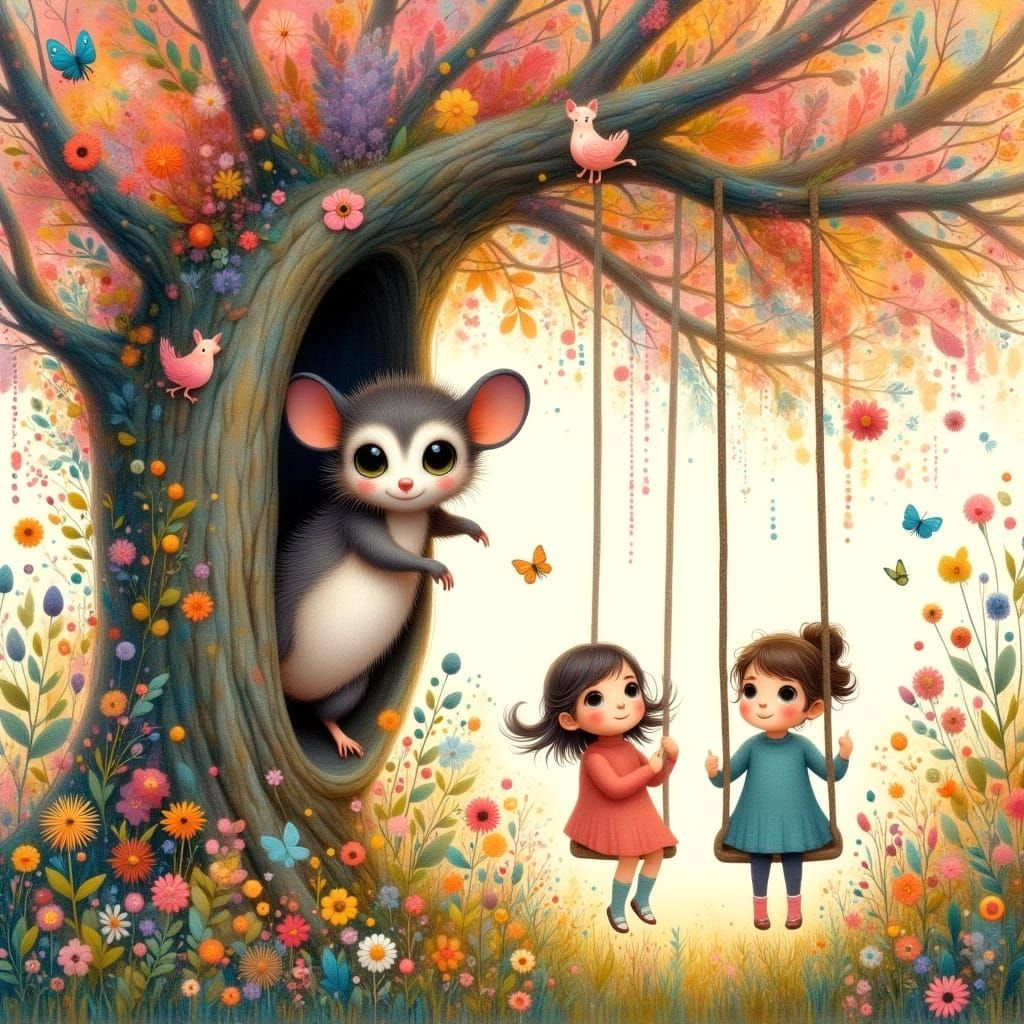 Gentle Possum Watches Children Play in a Vibrant Flowering T...