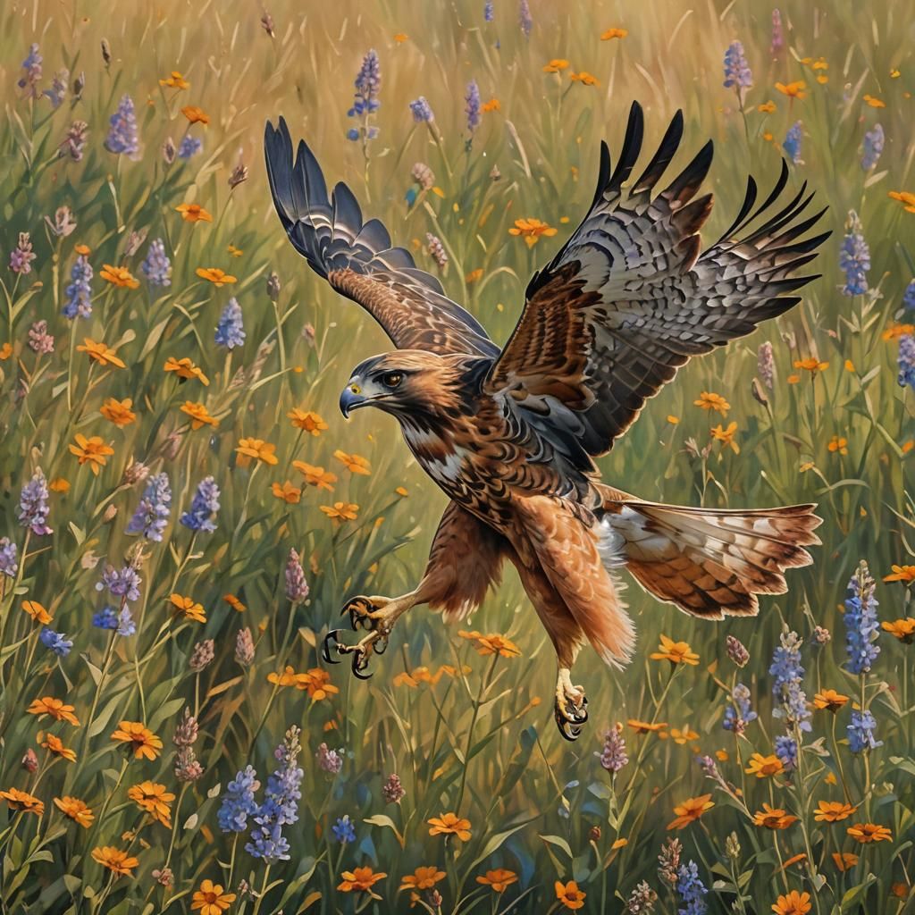 Hawk Hunting Rabbit in Wildflowers, Impressionist Oil Painti...