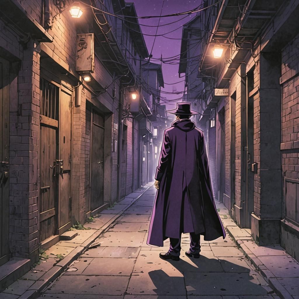 Mysterious Figure in Dark Cloak Stands Before Ominous Alleyw...