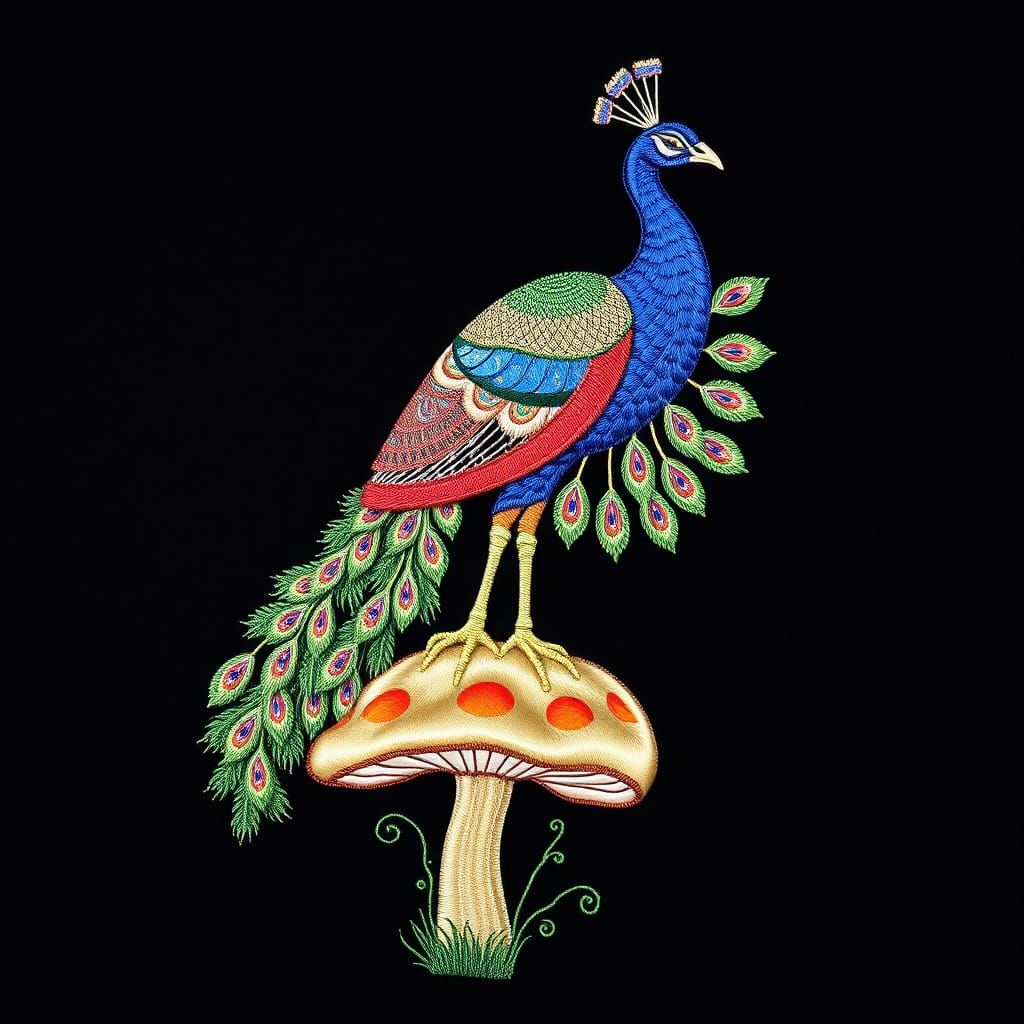 Embroidered Peacock on Metallic Toadstool, Seventies Style