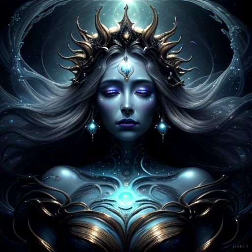 Surreal Goddess Ascends Cosmic Abyss in Dark, Symbolic Art