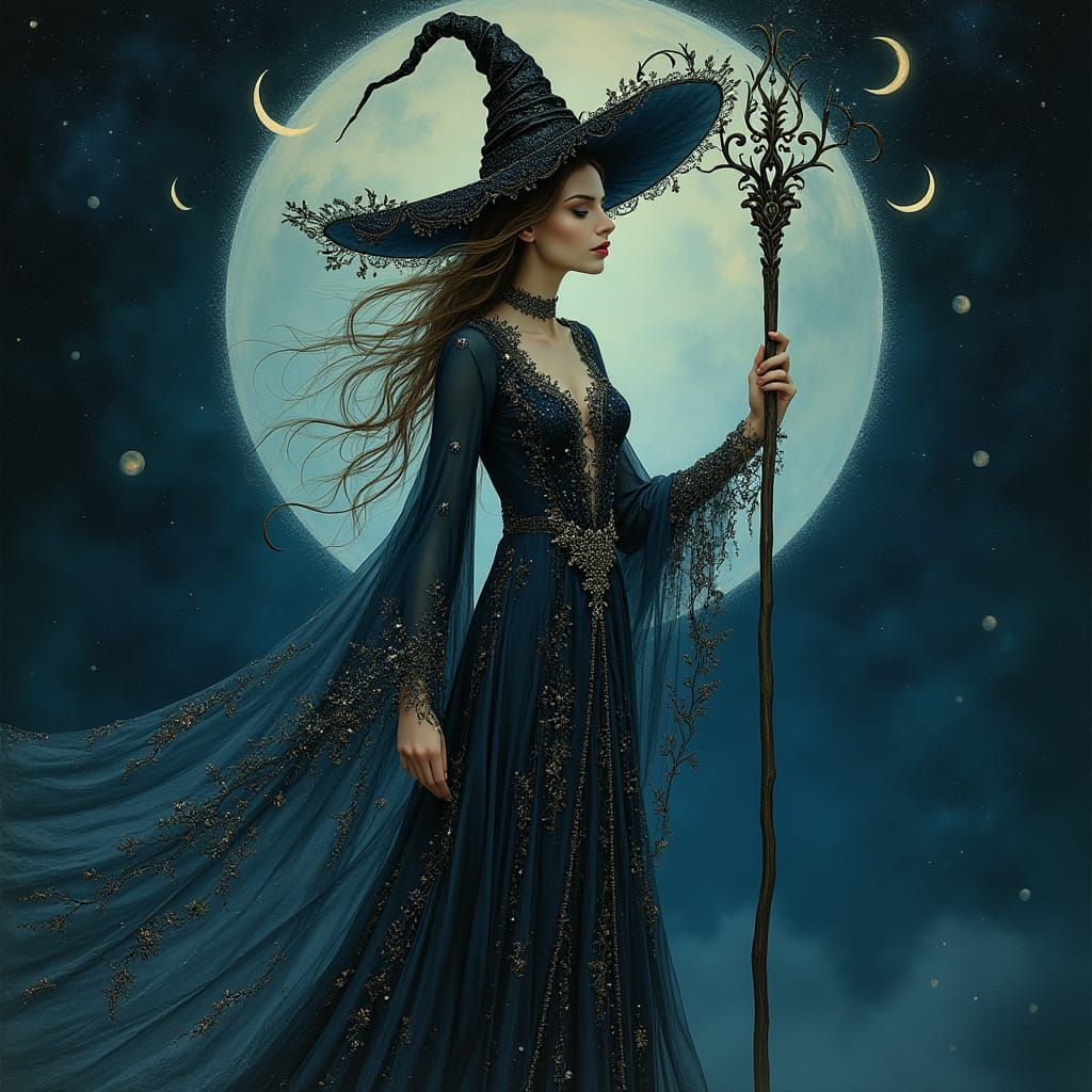 Ethereal Witch in Ornate, Dreamy Night Sky