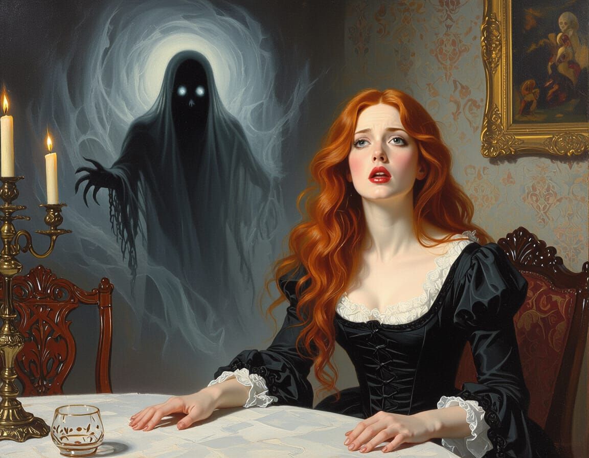 Terrified Woman Fleeing Ghost, Oil Painting