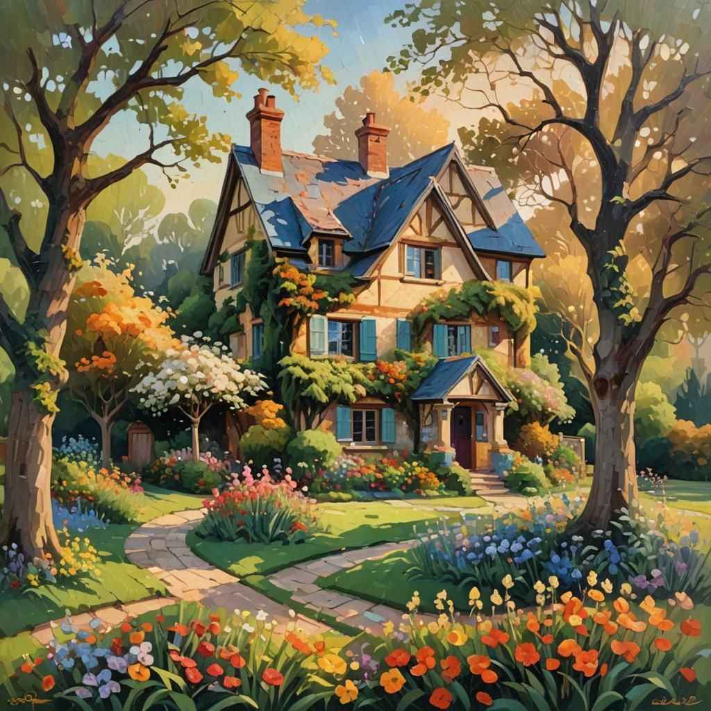 English Cottage in Bloom: A Neo-Impressionist Oil Painting