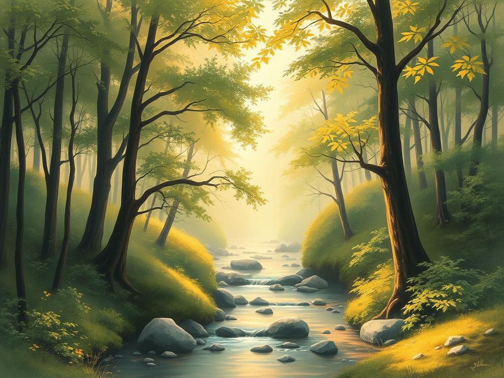 a stream running through a lush green forestting ”