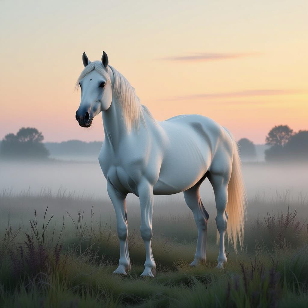Noble White Horse in Misty Meadow, Romantic Style