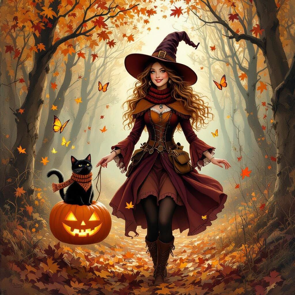 Young Witch Casting Autumn Magic in Enchanted Forest