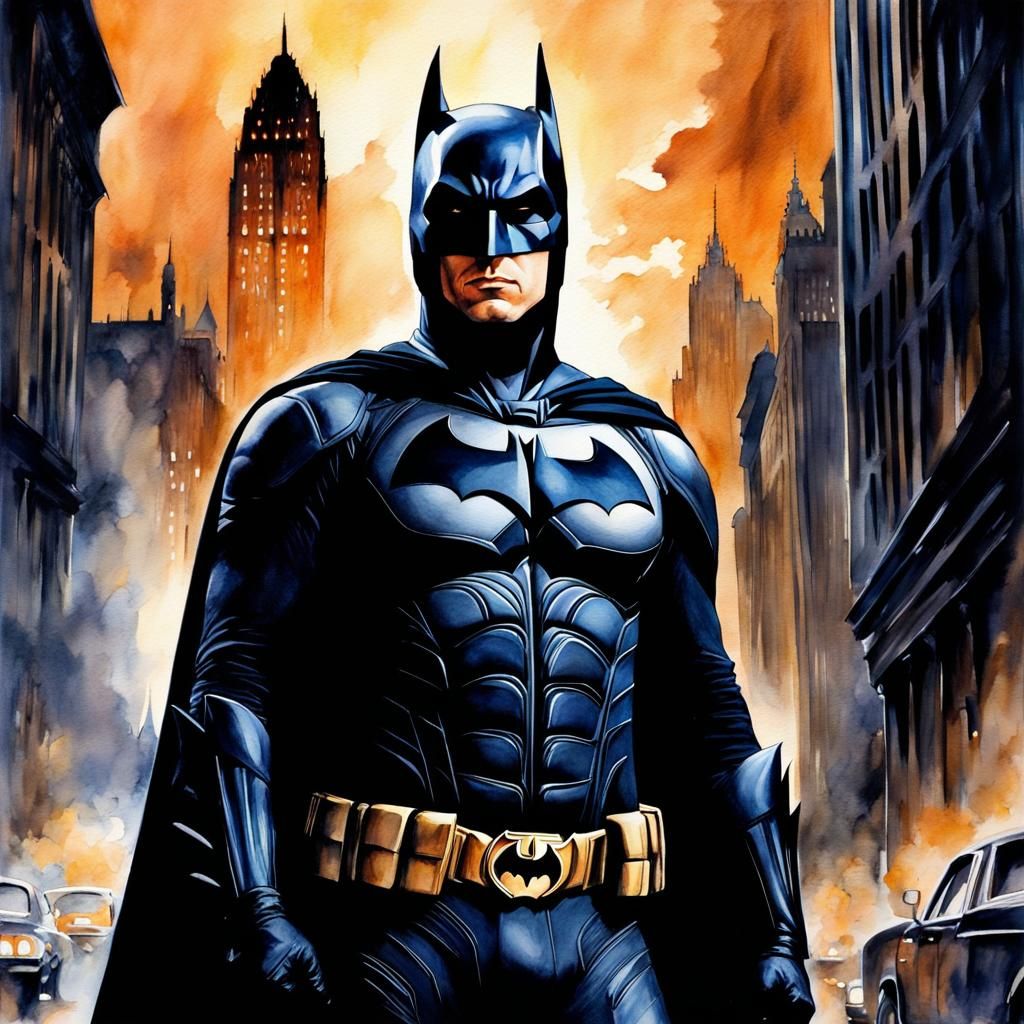 Batman Begins Watercolor Action Shot in Gotham