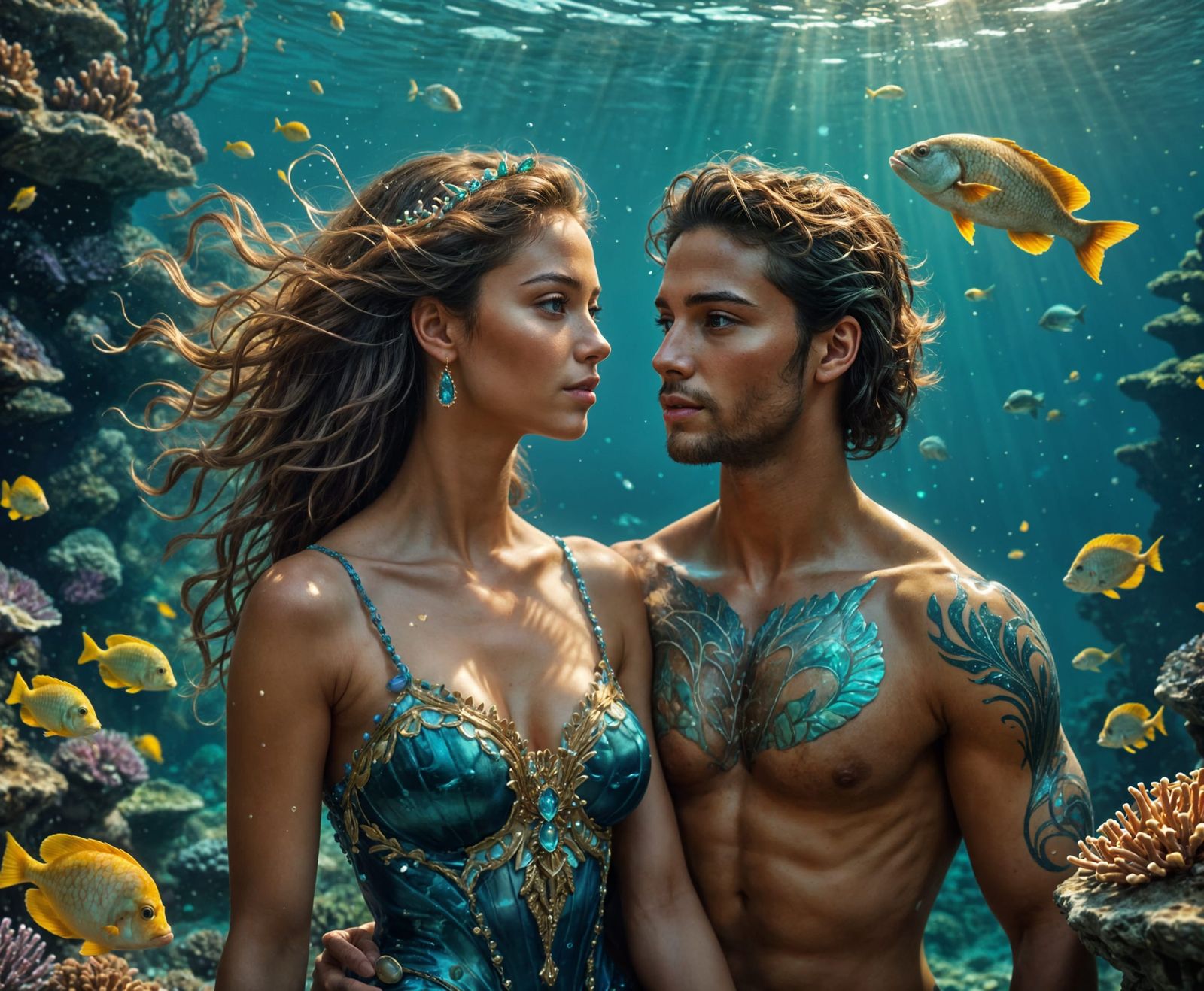 Triton and Mermaid in Oceanic Love Scene, in Hyperrealistic ...