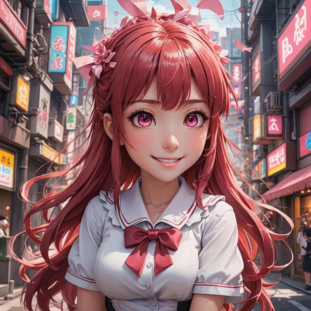 Smiling Red-Haired Manga Girl in Kawaii Style