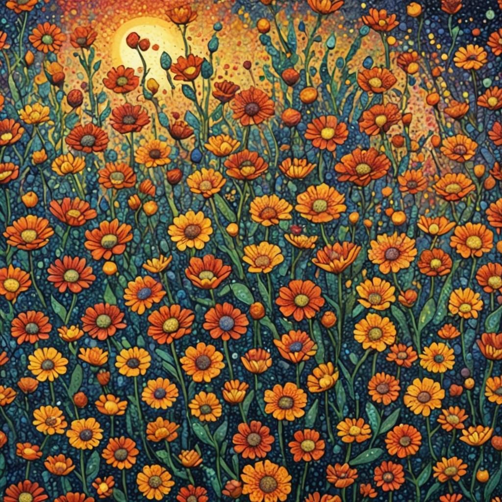 Kinetic Pointillism: Sunset Flowers in Bloom