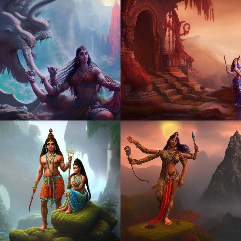 Shiva and Parvati in Detailed Matte Painting