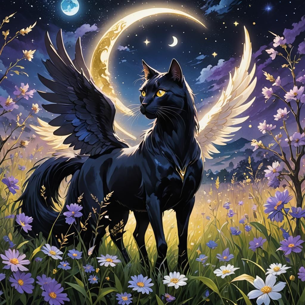 Anime Angel, Black Cat, and Horse in Moonlight