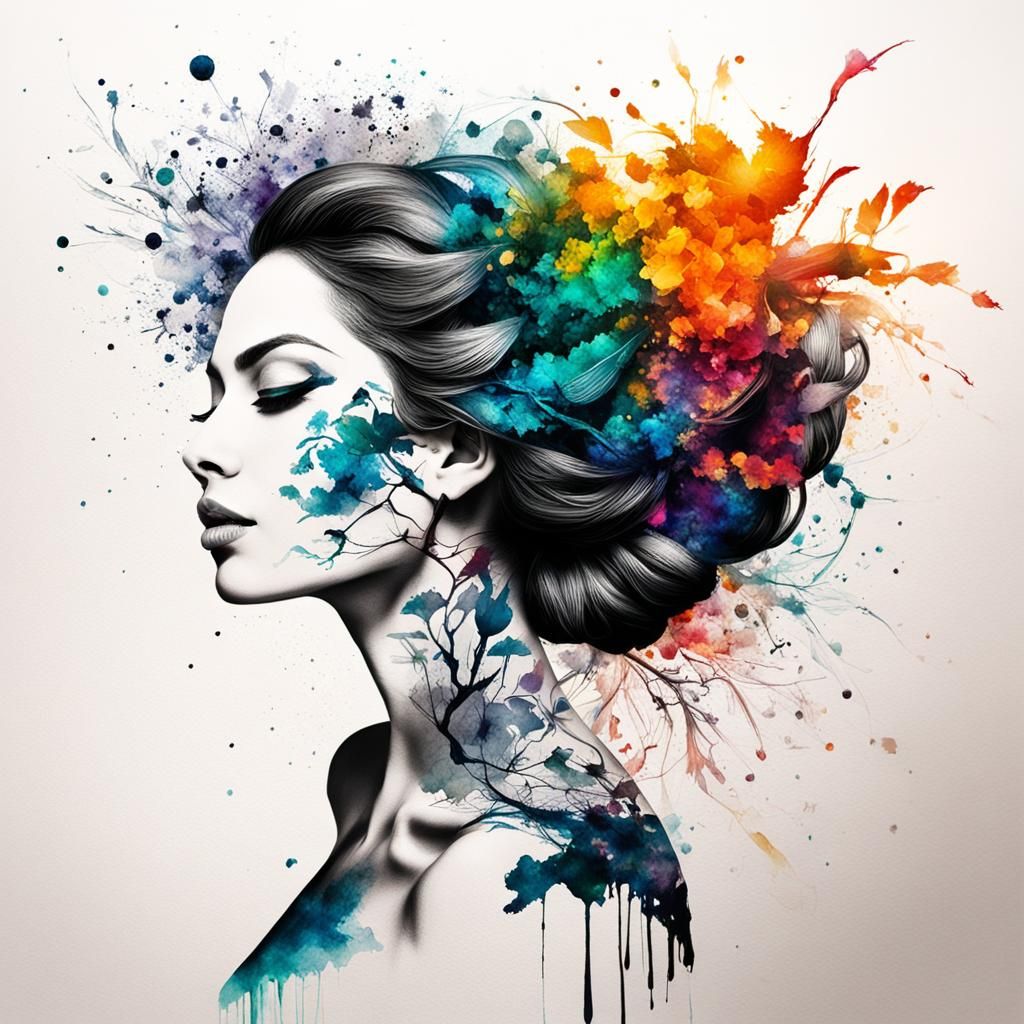 Vibrant Silhouette: An Ink Fusion of Woman and Nature