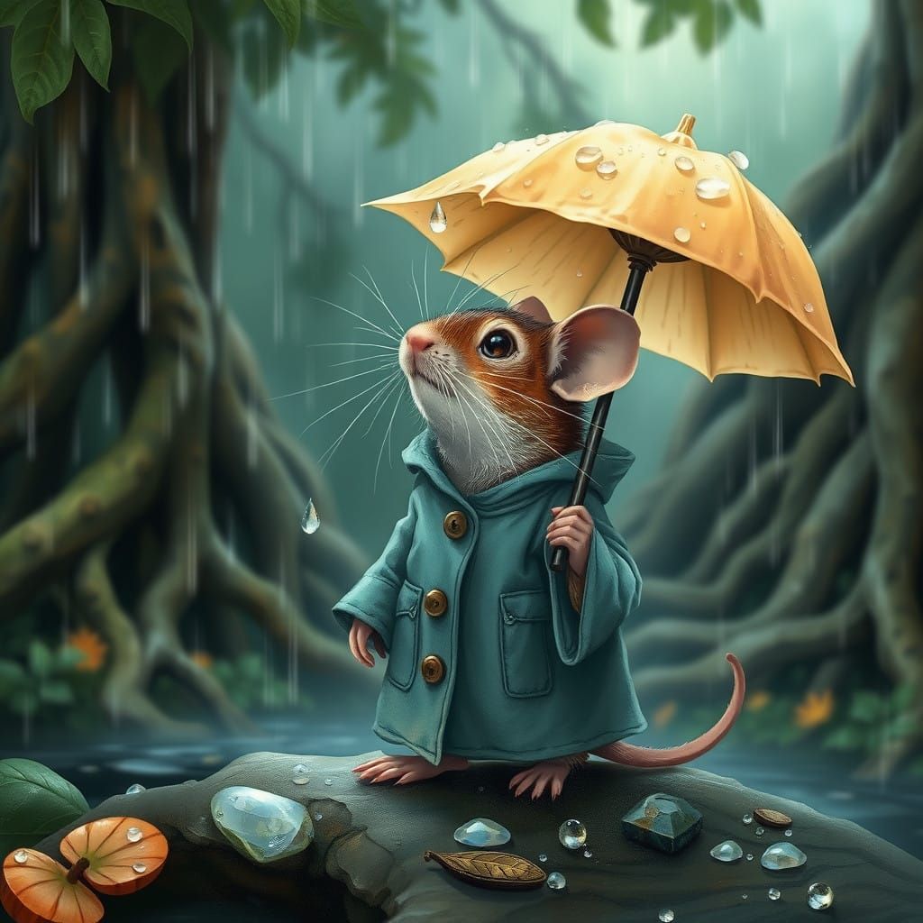 Whimsical Rainy Day Mouse in Enchanted Forest