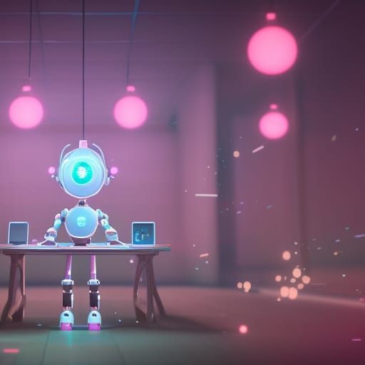 Robot Teacher with Fairy Lights, Detailed Matte Painting
