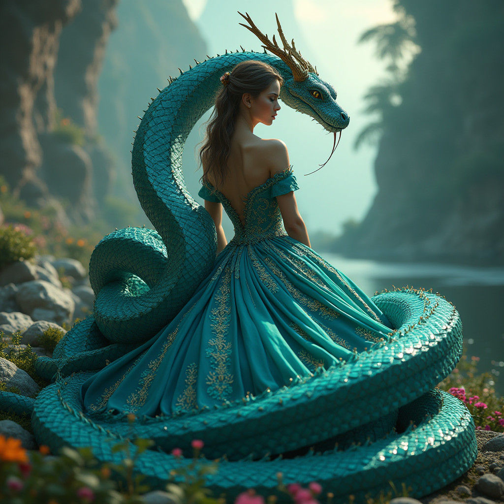 Fantasy Princess with Serpent in High-Detail Landscape