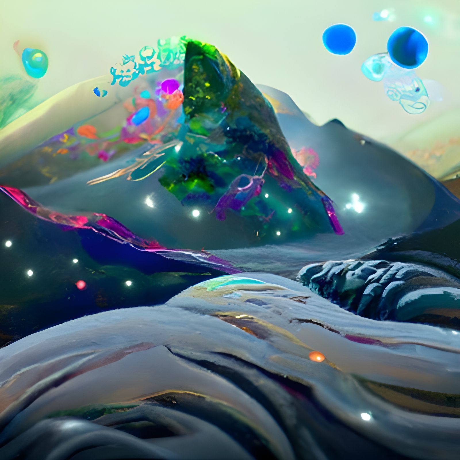 Cosmic Forest: Mountain Planets in Astral Illustration