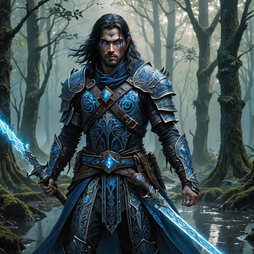 Fantasy Warrior-Mage in Misty Forest, Detailed Illustration