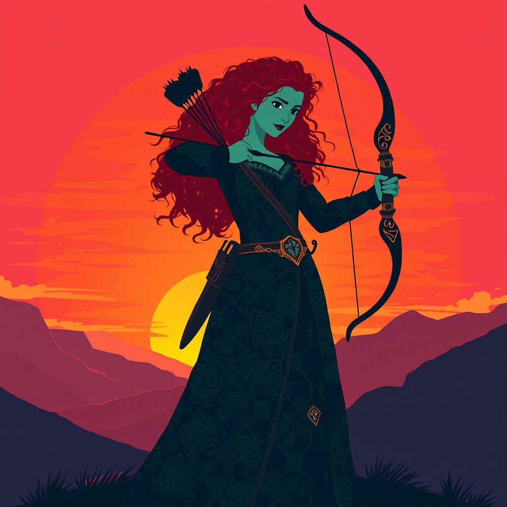 Heroic Merida Silhouette at Sunset in Digital Art