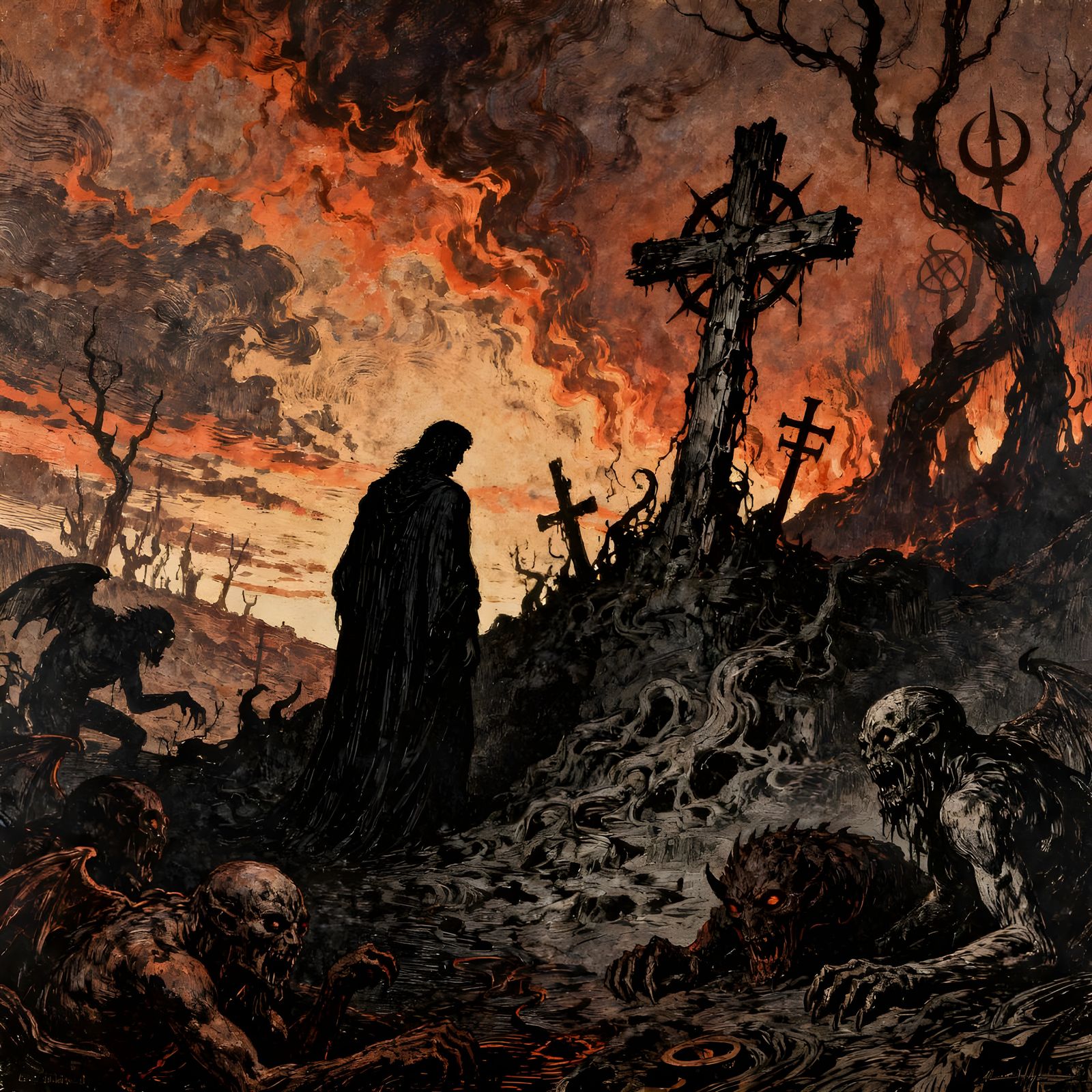 Hellish Landscape with Demons and Cross