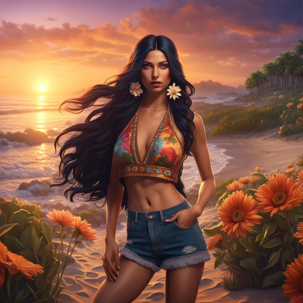 Hippie Girl on Beach at Sunset: Fantasy Concept Art