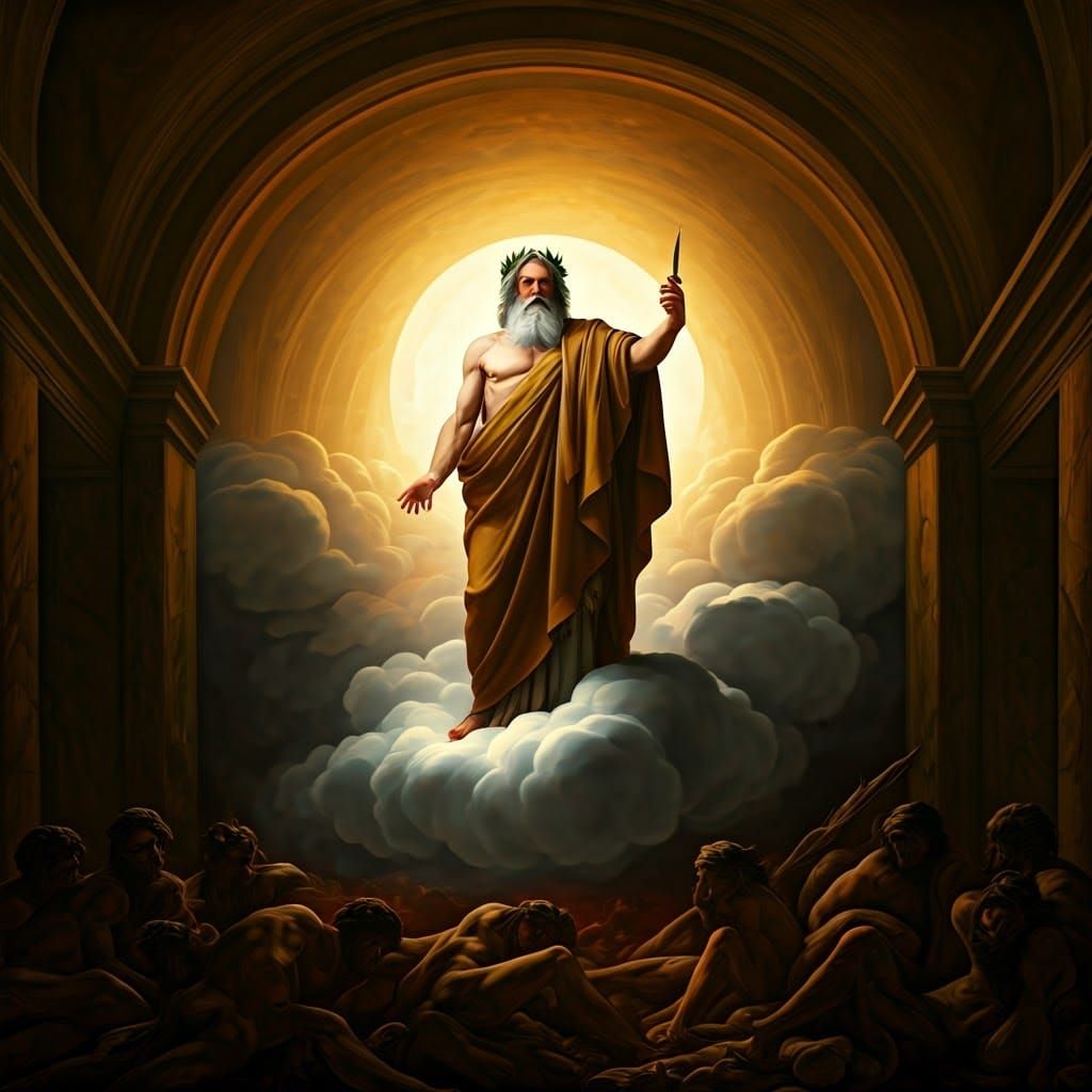 Zeus Condemns Titans: Baroque Chiaroscuro Scene