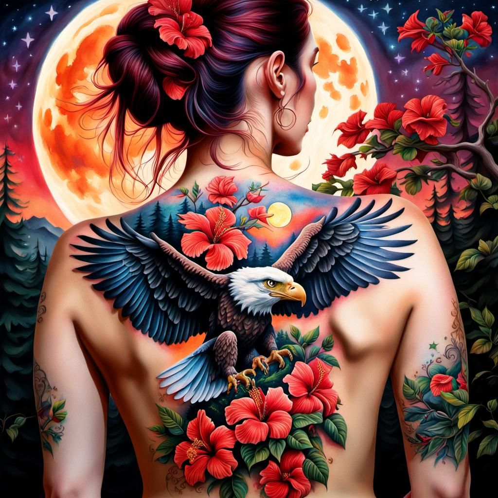 oil painting depicting a detailed tattoo design on a woman's back.