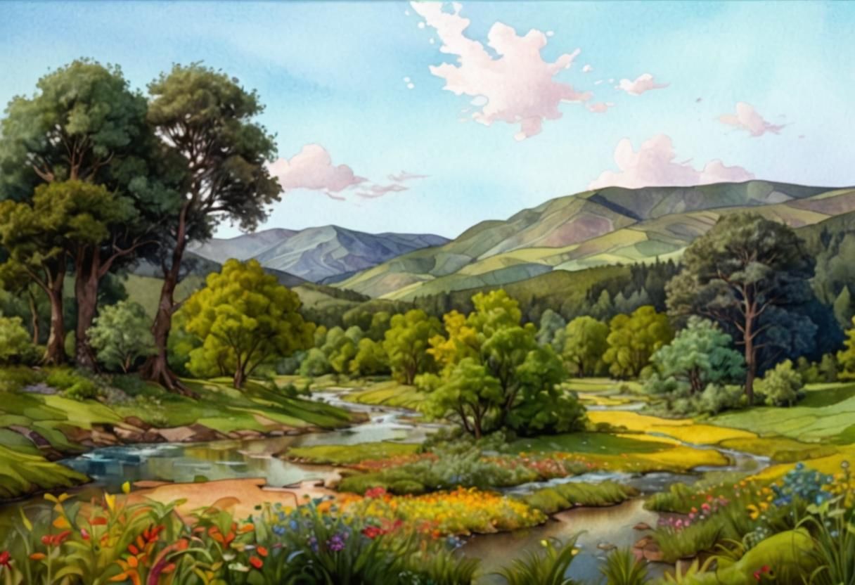 Vibrant Watercolor River in Abstract Fractal Landscape