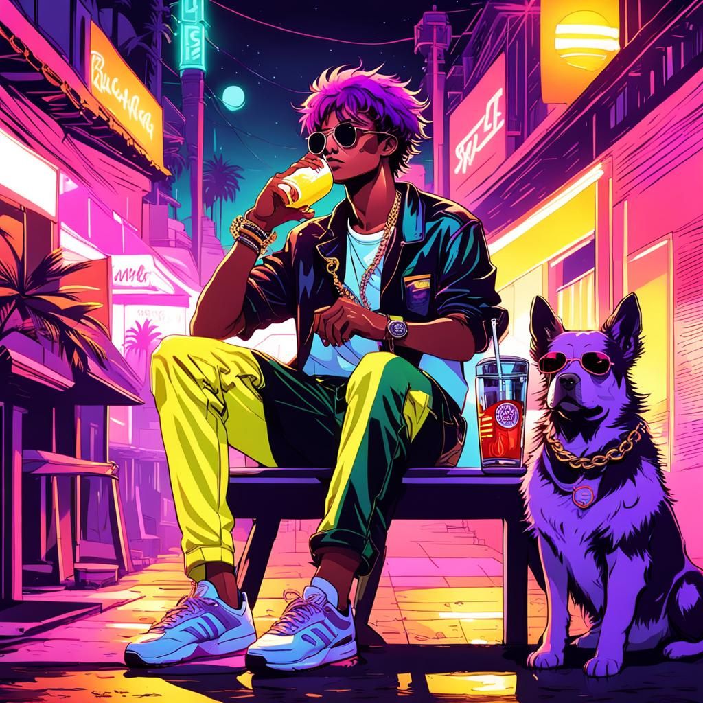 Anime Teen with Puppies: Synthwave Beach Scene