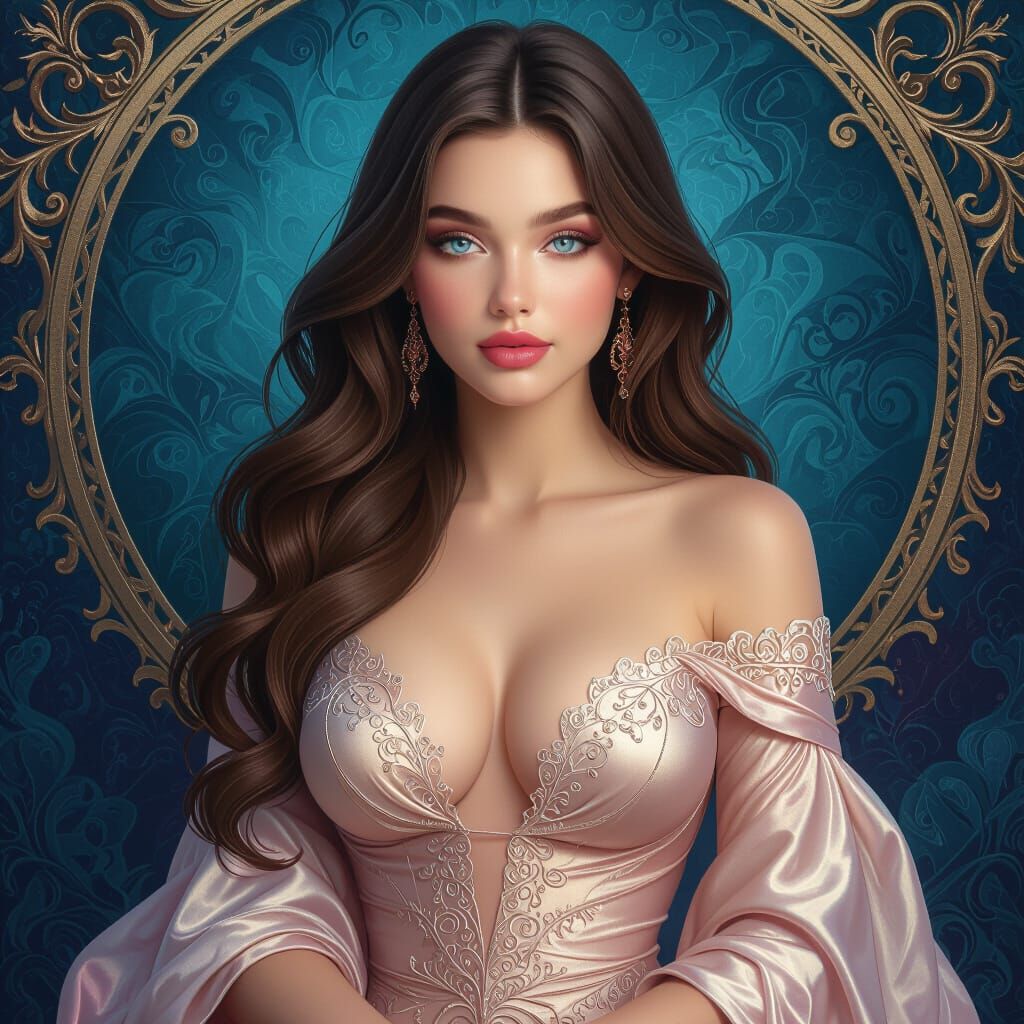 Curvy Young Woman in Silky Dress, Fantasy Matte Painting
