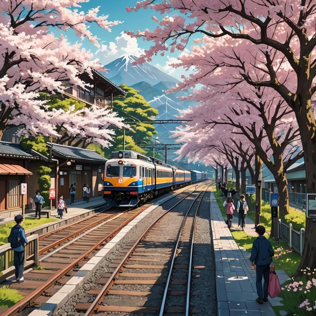 Japanese landscape with a near train in railroad with people in a train station with blossom cherry trees