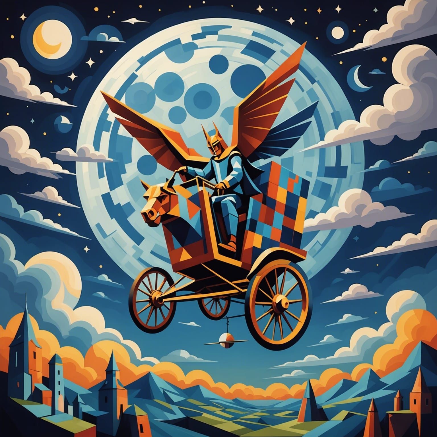 Flying Chariot in Cubist Art Deco Style